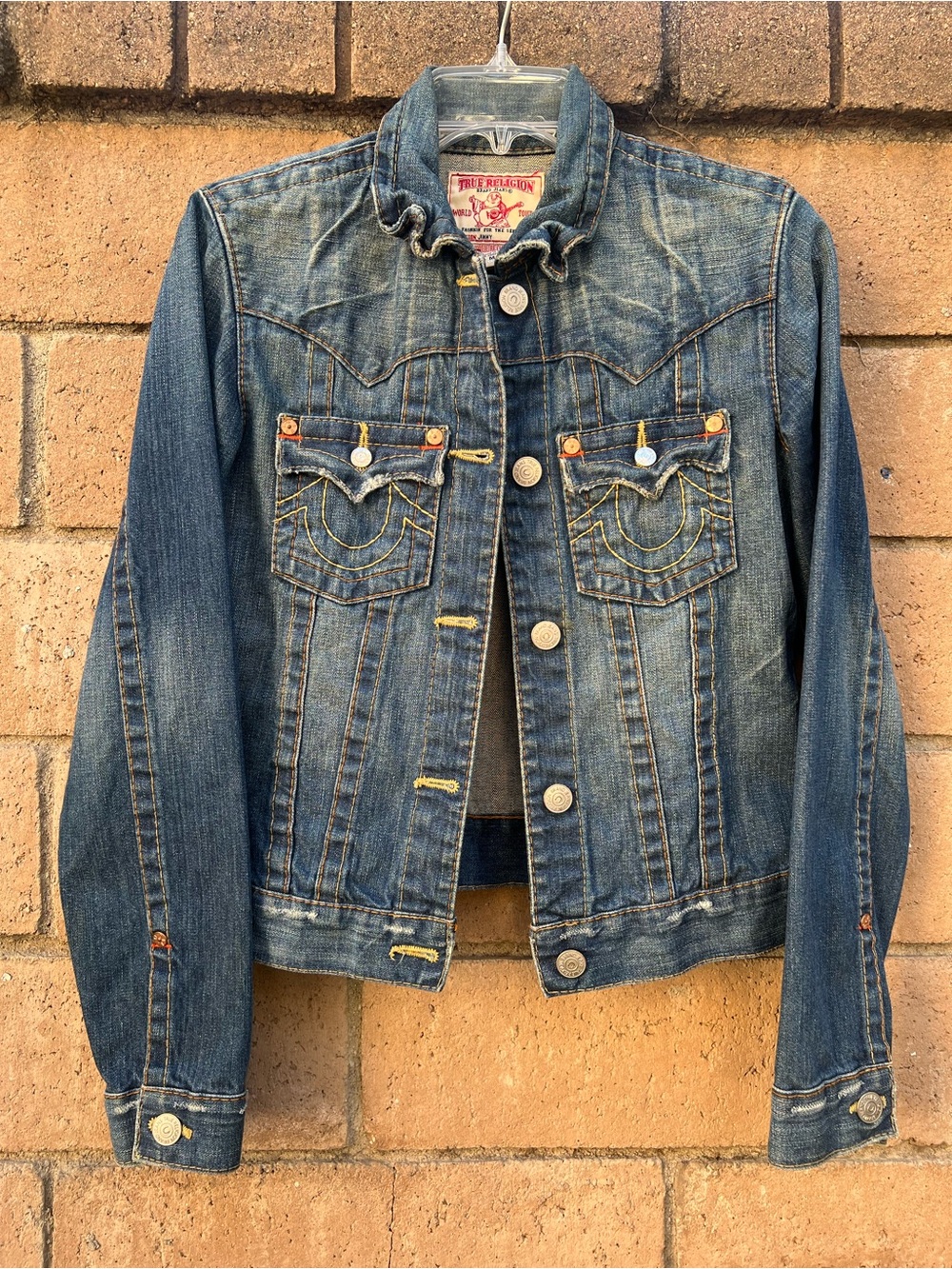 Y2K Unique True Religion Women's Blue
Denim Jacket with scrunched collar